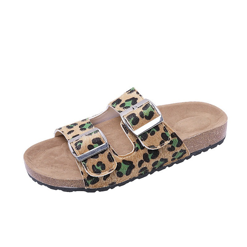 Belt buckle leopard print slippers for women flat casual retro Birkenstock slippers for women