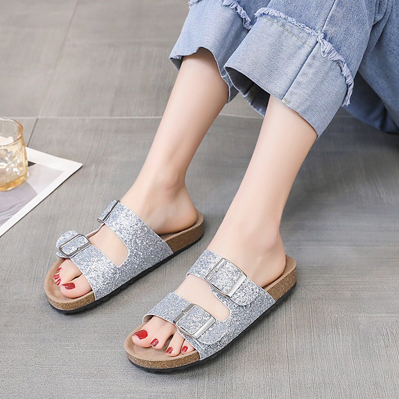 Belt buckle leopard print slippers for women flat casual retro Birkenstock slippers for women