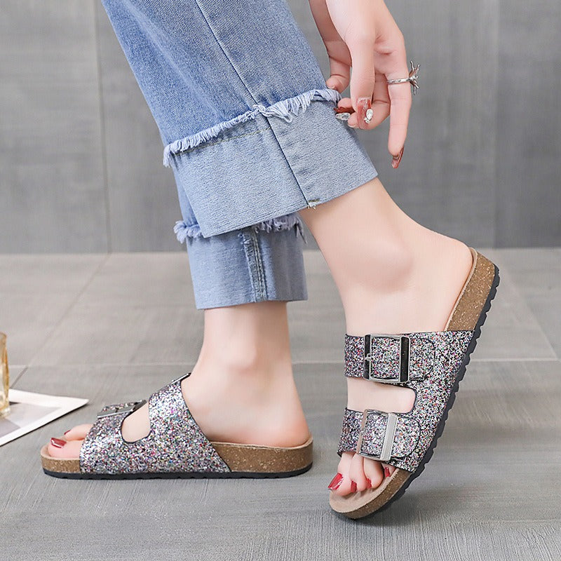 Belt buckle leopard print slippers for women flat casual retro Birkenstock slippers for women