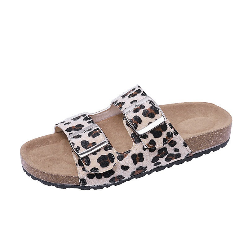 Belt buckle leopard print slippers for women flat casual retro Birkenstock slippers for women