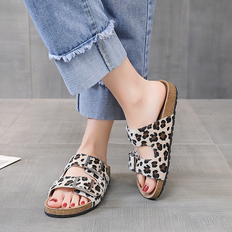 Belt buckle leopard print slippers for women flat casual retro Birkenstock slippers for women