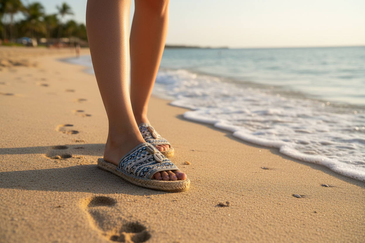 Generate video of female walking on beach wearing slippers. focus on slippers more 