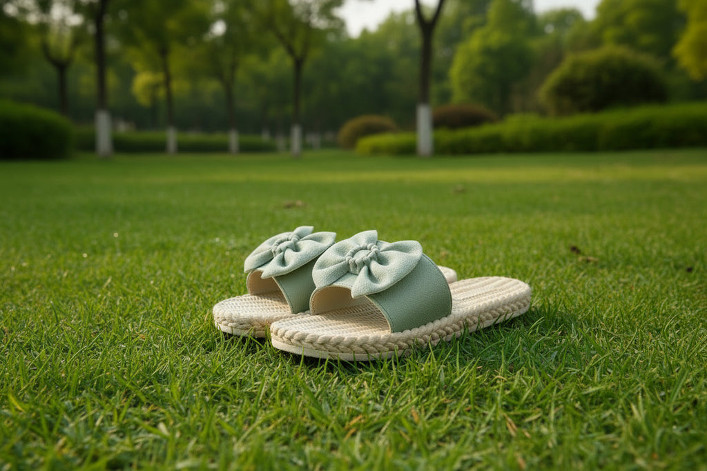 شباشب نسائية خضراء مزينة بالفراشات، مناسبة للعطلات